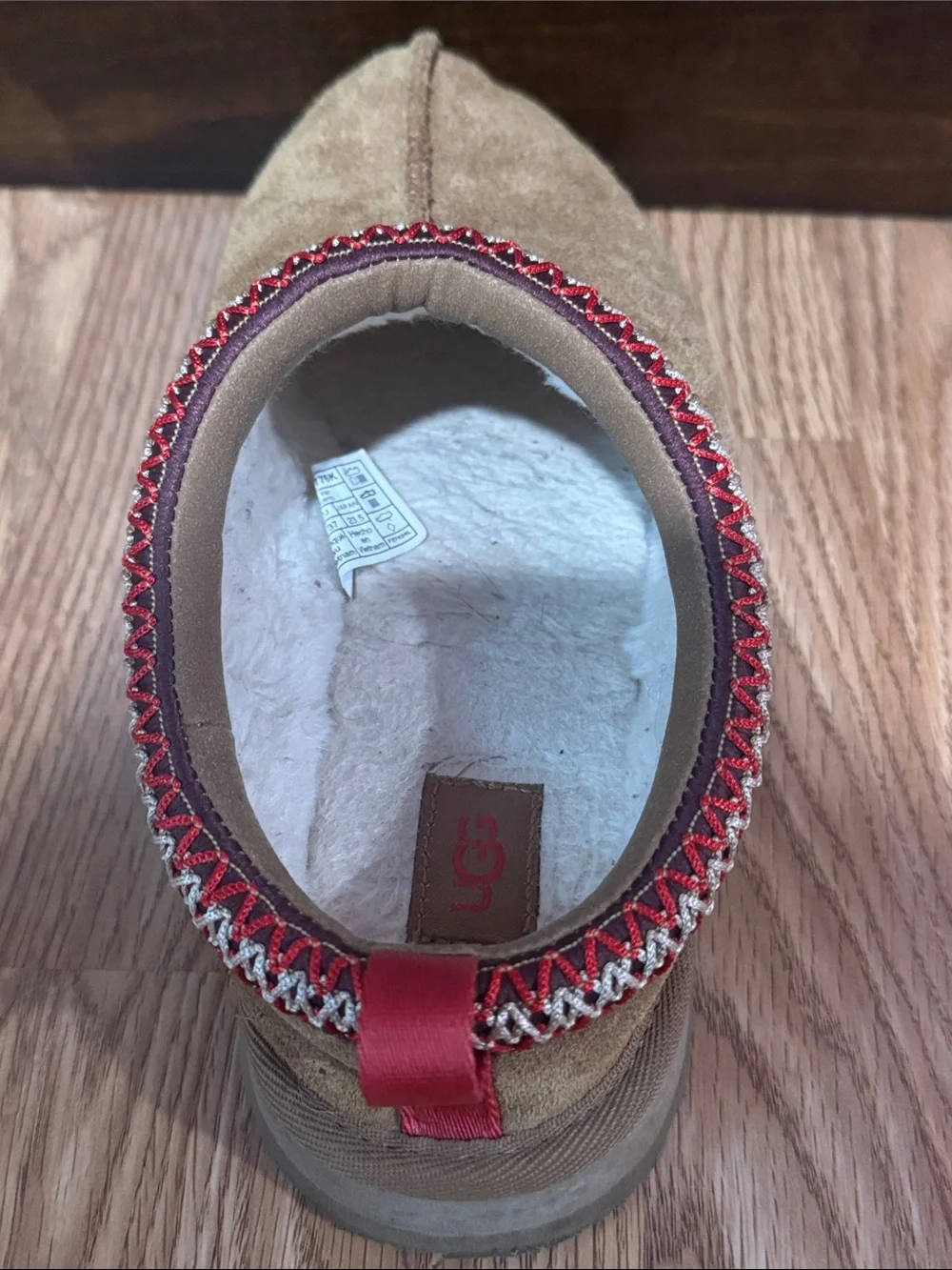 UGG Kids Chestnut Suede Slip-On Clogs with Red Trim